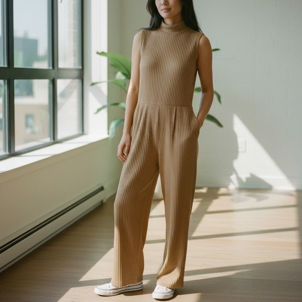 PrettyGarden Jumpsuit Camel Ribbed Mock Neck Wide Leg Chic Minimalist Size L NEW